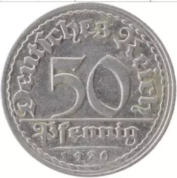 Монета 50 пфеннигов Веймарской республики 1920 года Алюминий D