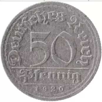 Монета 50 пфеннигов Веймарской республики 1920 года Алюминий G