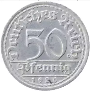 Монета 50 пфеннигов Веймарской республики 1920 года Алюминий F