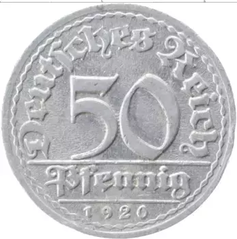Монета 50 пфеннигов Веймарской республики 1920 года Алюминий D