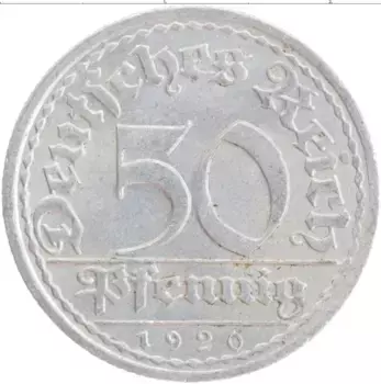 Монета 50 пфеннигов Веймарской республики 1920 года Алюминий А