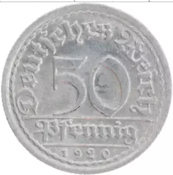 Монета 50 пфеннигов Веймарской республики 1920 года Алюминий F