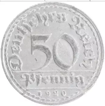Монета 50 пфеннигов Веймарской республики 1920 года Алюминий D