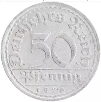 Монета 50 пфеннигов Веймарской республики 1920 года Алюминий А