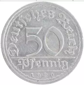Монета 50 пфеннигов Веймарской республики 1920 года Алюминий A
