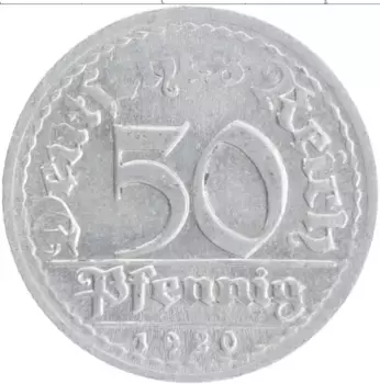 Монета 50 пфеннигов Веймарской республики 1920 года Алюминий D