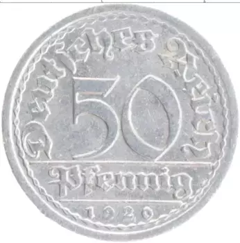 Монета 50 пфеннигов Веймарской республики 1920 года Алюминий J