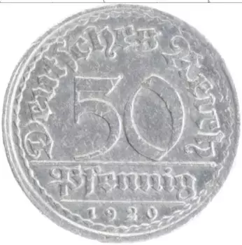Монета 50 пфеннигов Веймарской республики 1920 года Алюминий E