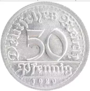 Монета 50 пфеннигов Веймарской республики 1920 года Алюминий D
