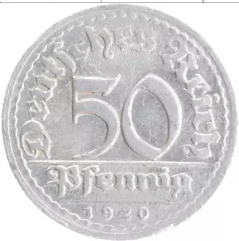 Монета 50 пфеннигов Веймарской республики 1920 года Алюминий D