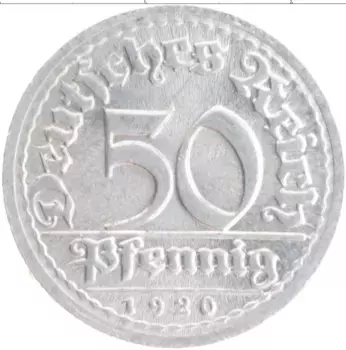 Монета 50 пфеннигов Веймарской республики 1920 года Алюминий D