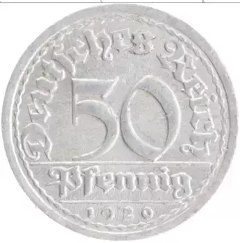 Монета 50 пфеннигов Веймарской республики 1920 года Алюминий J