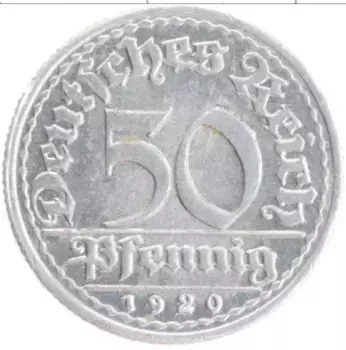 Монета 50 пфеннигов Веймарской республики 1920 года Алюминий F