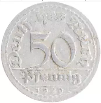 Монета 50 пфеннигов Веймарской республики 1920 года Алюминий D