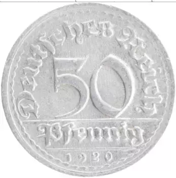 Монета 50 пфеннигов Веймарской республики 1920 года Алюминий D