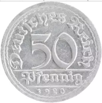 Монета 50 пфеннигов Веймарской республики 1920 года Алюминий D