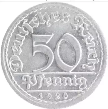 Монета 50 пфеннигов Веймарской республики 1920 года Алюминий D