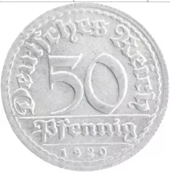 Монета 50 пфеннигов Веймарской республики 1920 года Алюминий D