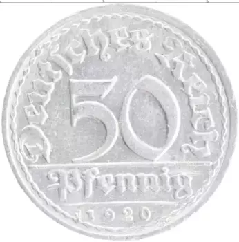Монета 50 пфеннигов Веймарской республики 1920 года Алюминий D