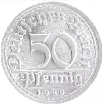Монета 50 пфеннигов Веймарской республики 1920 года Алюминий D