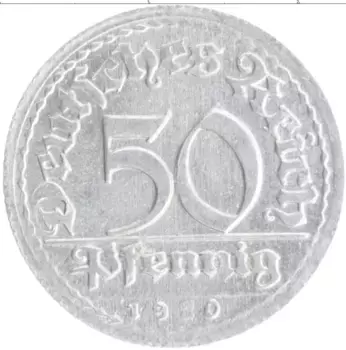 Монета 50 пфеннигов Веймарской республики 1920 года Алюминий D