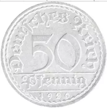 Монета 50 пфеннигов Веймарской республики 1920 года Алюминий А