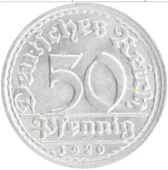 Монета 50 пфеннигов Веймарской республики 1920 года Алюминий D