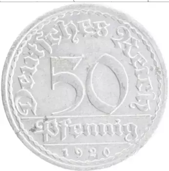 Монета 50 пфеннигов Веймарской республики 1920 года Алюминий А