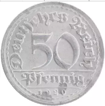 Монета 50 пфеннигов Веймарской республики 1920 года Алюминий D