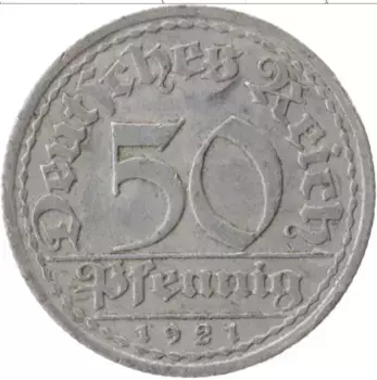 Монета 50 пфеннигов Веймарской республики 1921 года Алюминий A