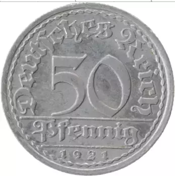 Монета 50 пфеннигов Веймарской республики 1921 года Алюминий A