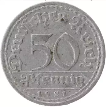 Монета 50 пфеннигов Веймарской республики 1921 года Алюминий A