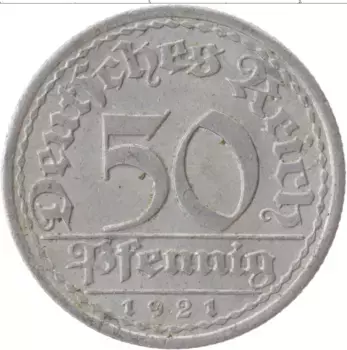 Монета 50 пфеннигов Веймарской республики 1921 года Алюминий A