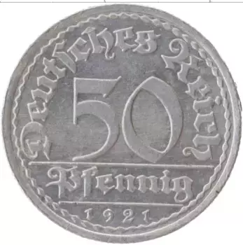 Монета 50 пфеннигов Веймарской республики 1921 года Алюминий A