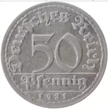 Монета 50 пфеннигов Веймарской республики 1921 года Алюминий D
