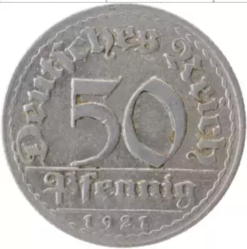 Монета 50 пфеннигов Веймарской республики 1921 года Алюминий D