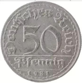 Монета 50 пфеннигов Веймарской республики 1921 года Алюминий D