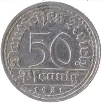 Монета 50 пфеннигов Веймарской республики 1921 года Алюминий J