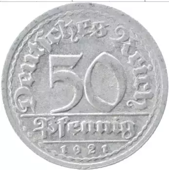 Монета 50 пфеннигов Веймарской республики 1921 года Алюминий J