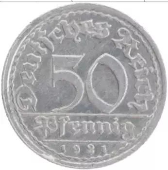 Монета 50 пфеннигов Веймарской республики 1921 года Алюминий J