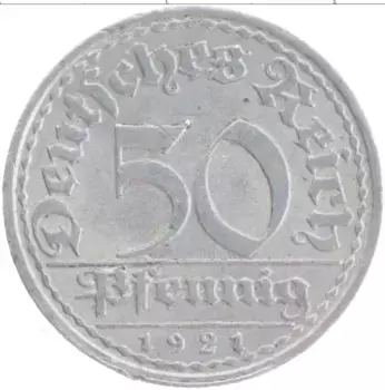 Монета 50 пфеннигов Веймарской республики 1921 года Алюминий А