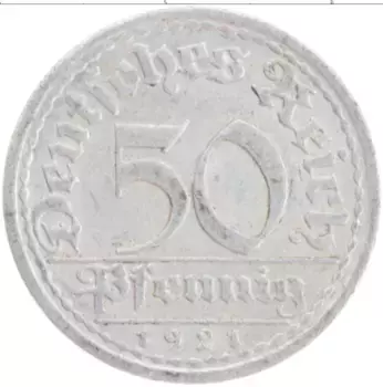 Монета 50 пфеннигов Веймарской республики 1921 года Алюминий А