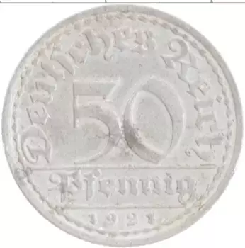 Монета 50 пфеннигов Веймарской республики 1921 года Алюминий А