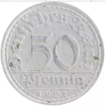 Монета 50 пфеннигов Веймарской республики 1921 года Алюминий А