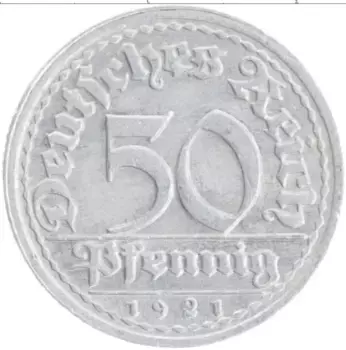 Монета 50 пфеннигов Веймарской республики 1921 года Алюминий J