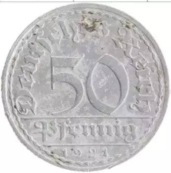 Монета 50 пфеннигов Веймарской республики 1921 года Алюминий A