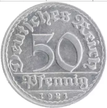 Монета 50 пфеннигов Веймарской республики 1921 года Алюминий D
