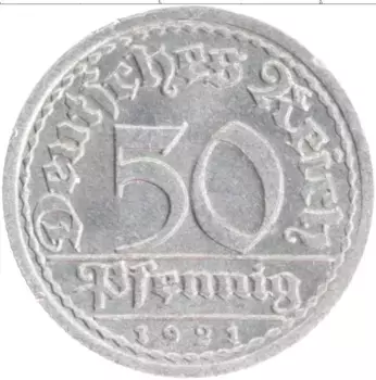 Монета 50 пфеннигов Веймарской республики 1921 года Алюминий F
