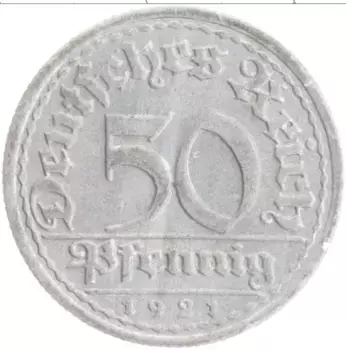 Монета 50 пфеннигов Веймарской республики 1921 года Алюминий F