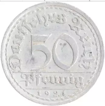 Монета 50 пфеннигов Веймарской республики 1921 года Алюминий A